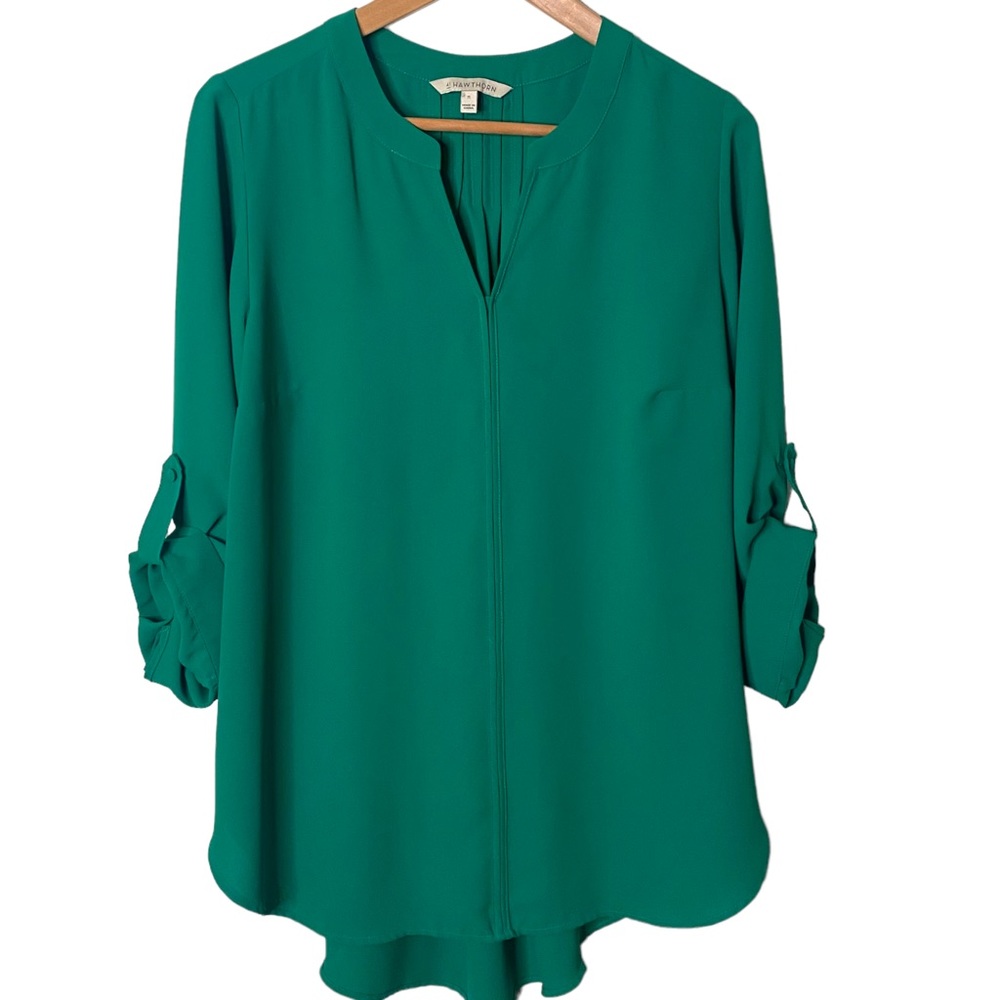 41 Hawthorn Teal Green Split-Neck Roll-Tab Blouse